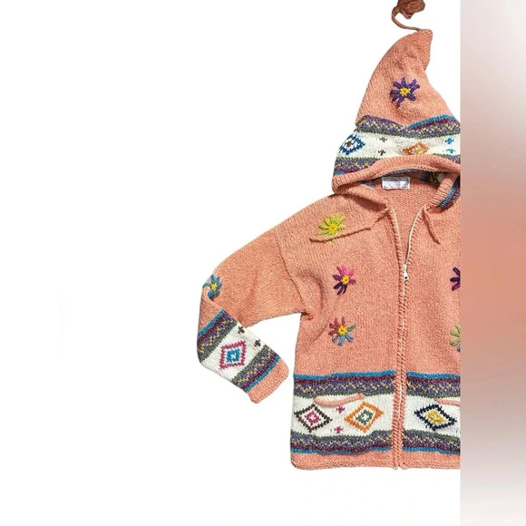 Handmade Vintage Colorful Knit 100% Wool Hooded Cardigan - Picture 2 of 6